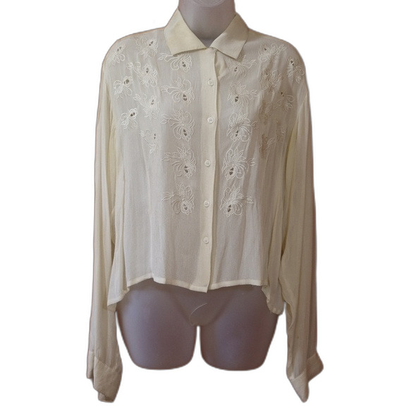 Vintage French Connection Cream Eyelet Embroidered Button Down Blouse Medium - Picture 1 of 14